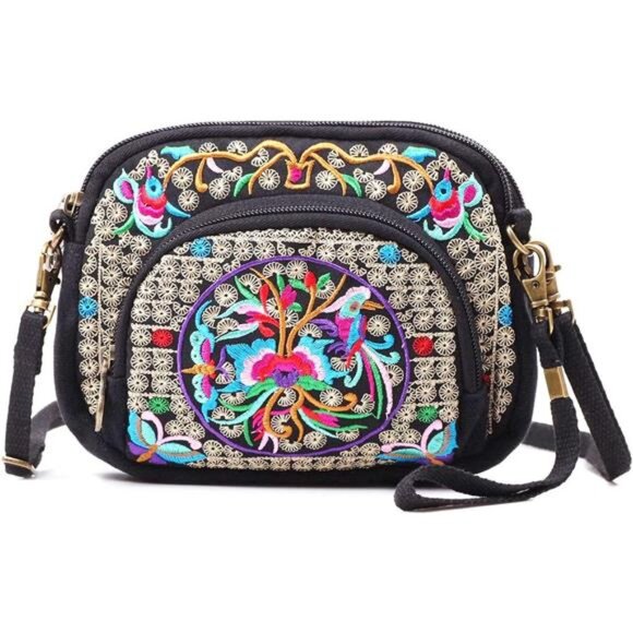 Handbags - Embroidered Cute Mini Crossbody Bag Black + Flower 03